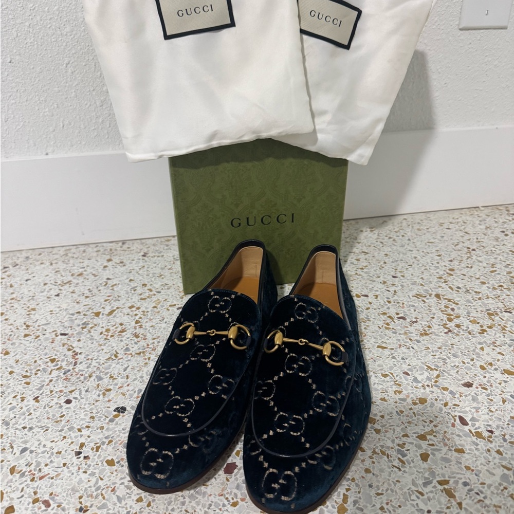 Gucci Men's Navy Velvet Loafers with Gold Accents